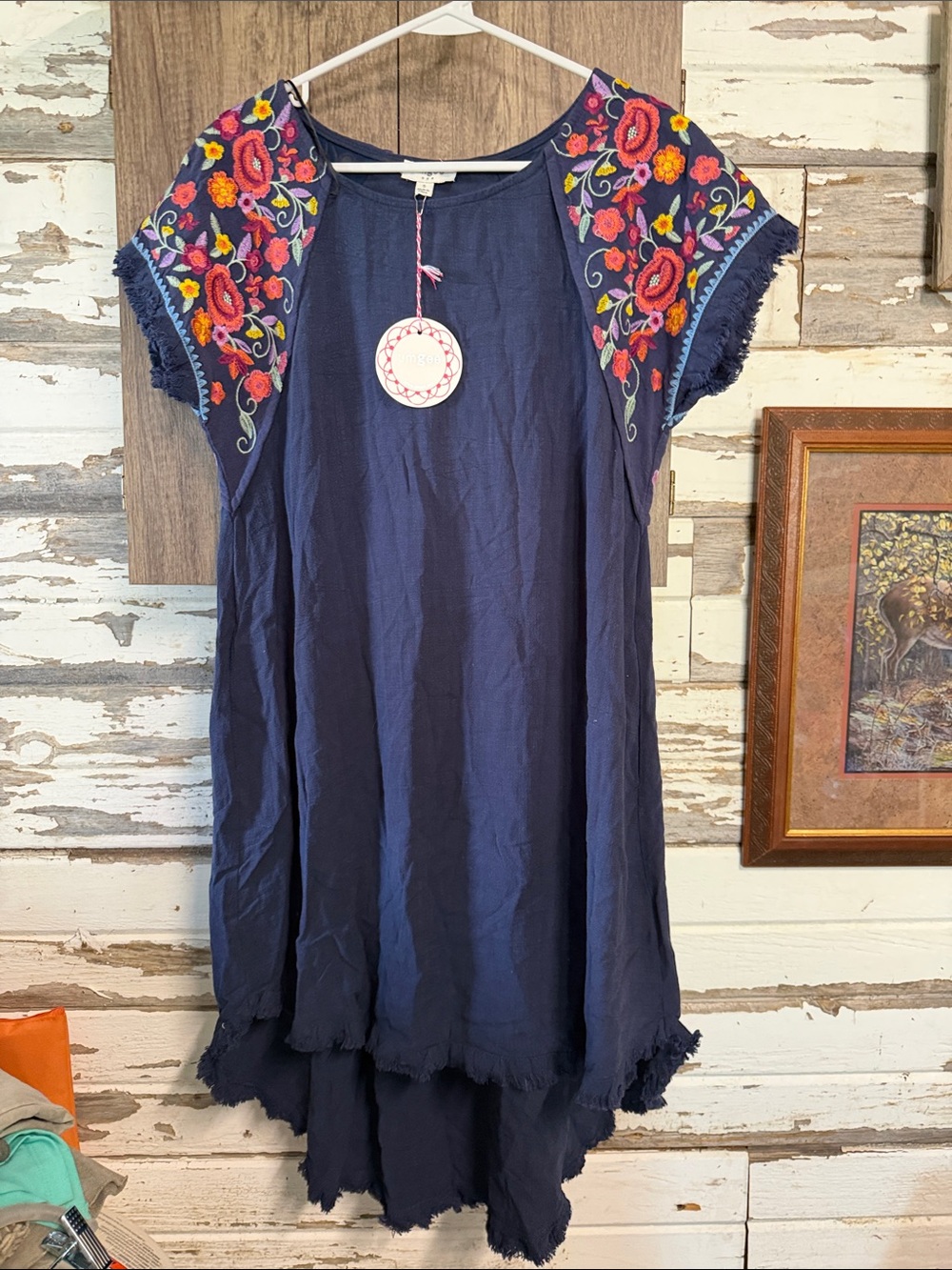 Umgee Navy Midi Dress with Multicolor Floral Embroidered Yoke